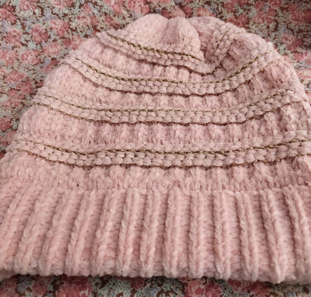 Knitted Pink Rose And Gold Beanie Hat